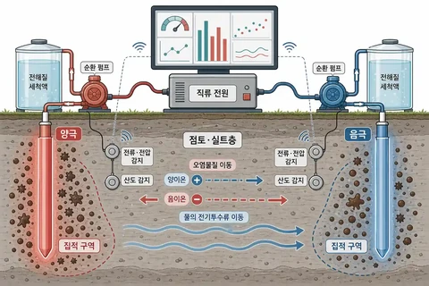 토양오염 현장 동전기 정화 전극 배치 전해질 순환 설비