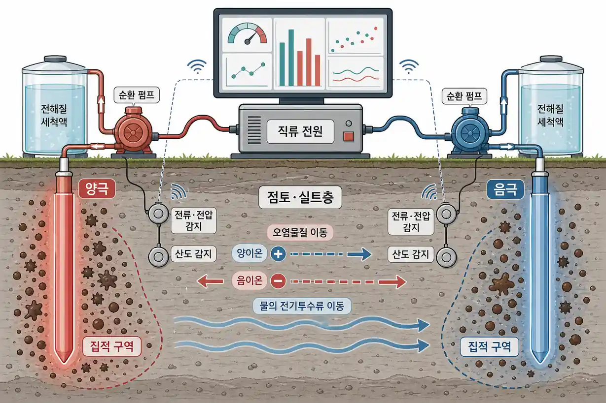 토양오염 현장 동전기 정화 전극 배치 전해질 순환 설비